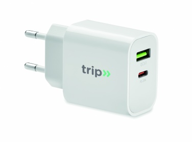 Logo trade reklaamtoote pilt: 18W 2 pordiga USB laadija EU pistik